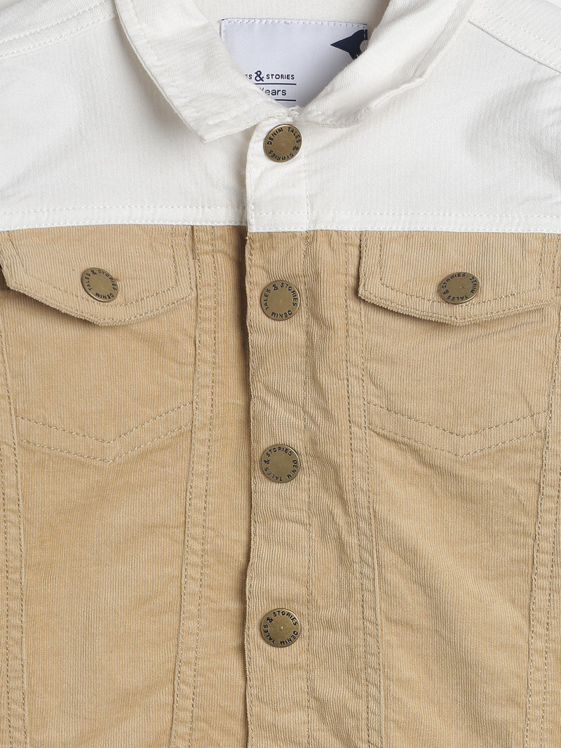 Boys White & Khakhi Regular Fit Cotton Jacket