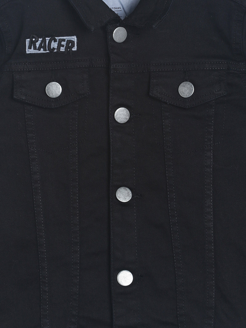 Boys Black Printed Denim Jacket