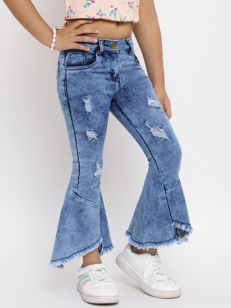 Girls Slim Fit Mid Blue Denim Jeans With  Flared