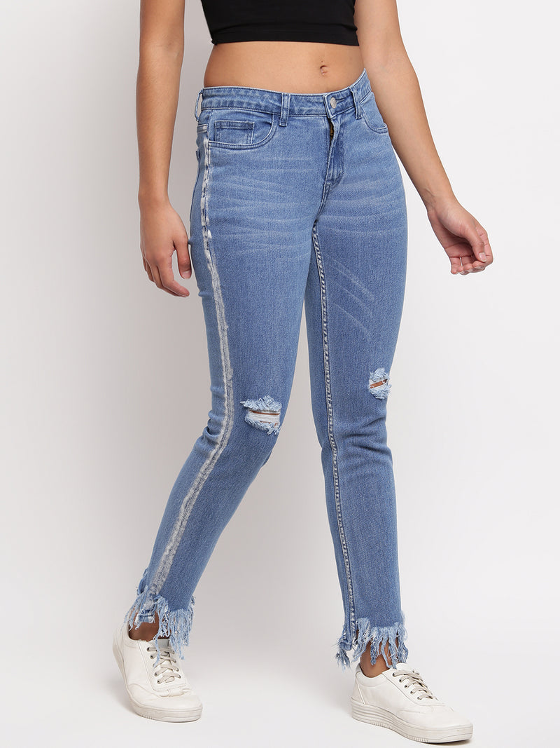 Women Mid Blue Slim Fit Distressed Denim Jeans