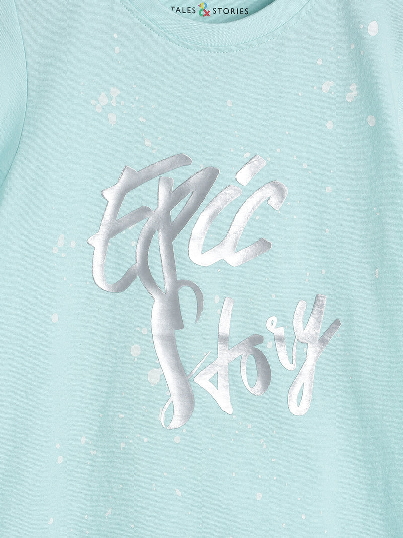 Boys Sky Blue Regular Fit Printed Casual T-Shirt