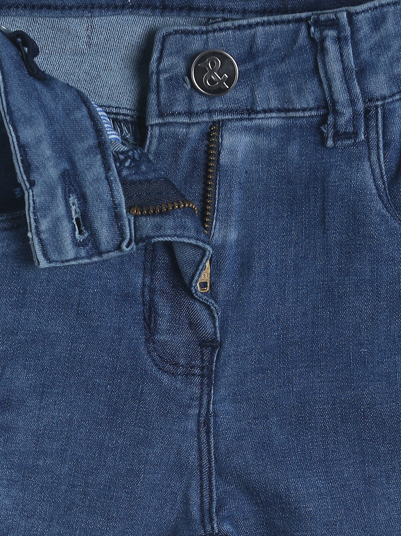 Girls Mid Blue Embroidered Denim Jeans
