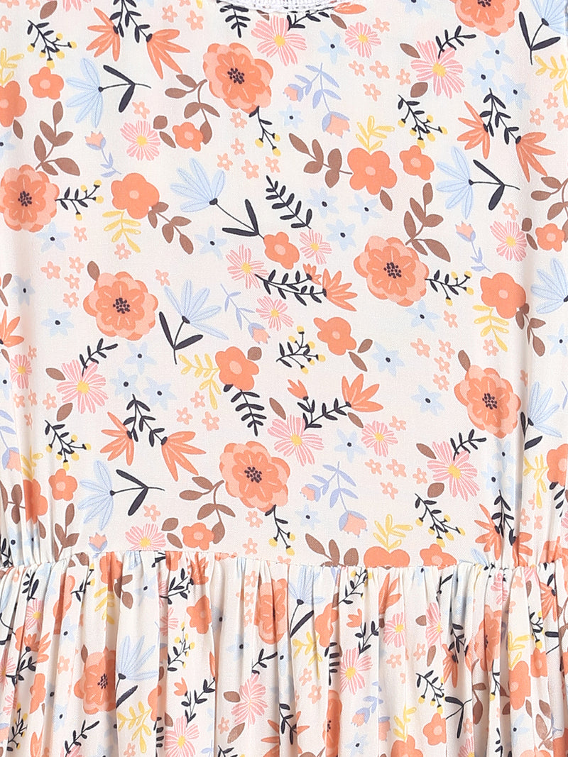 Girls Multicolor Floral Print Cotton Dress