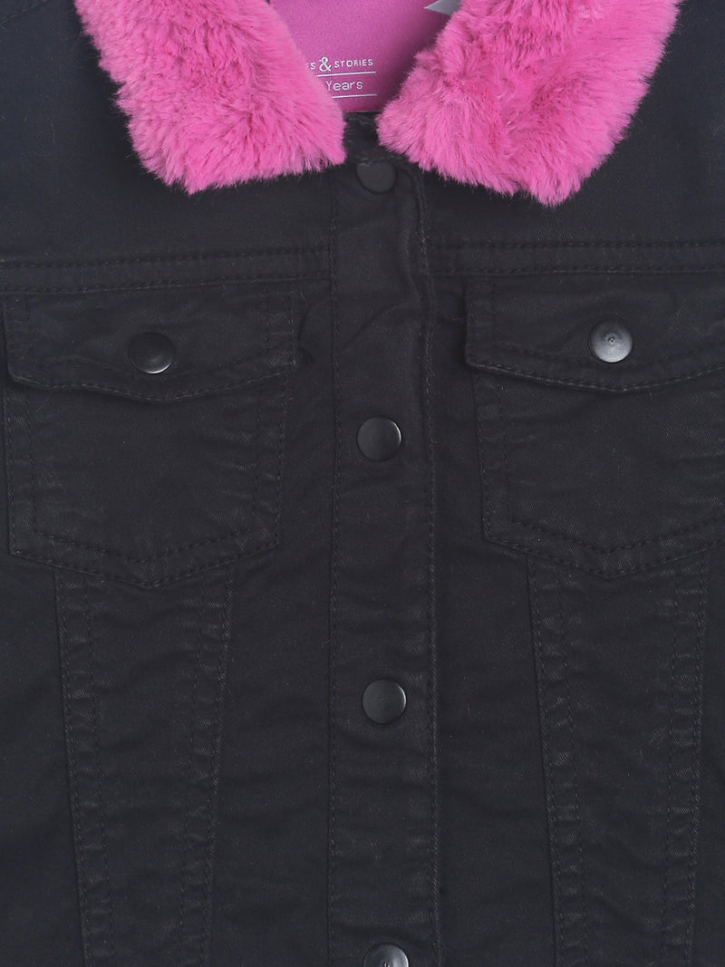Girls Regular Black Denim Jacket With Faux Fur