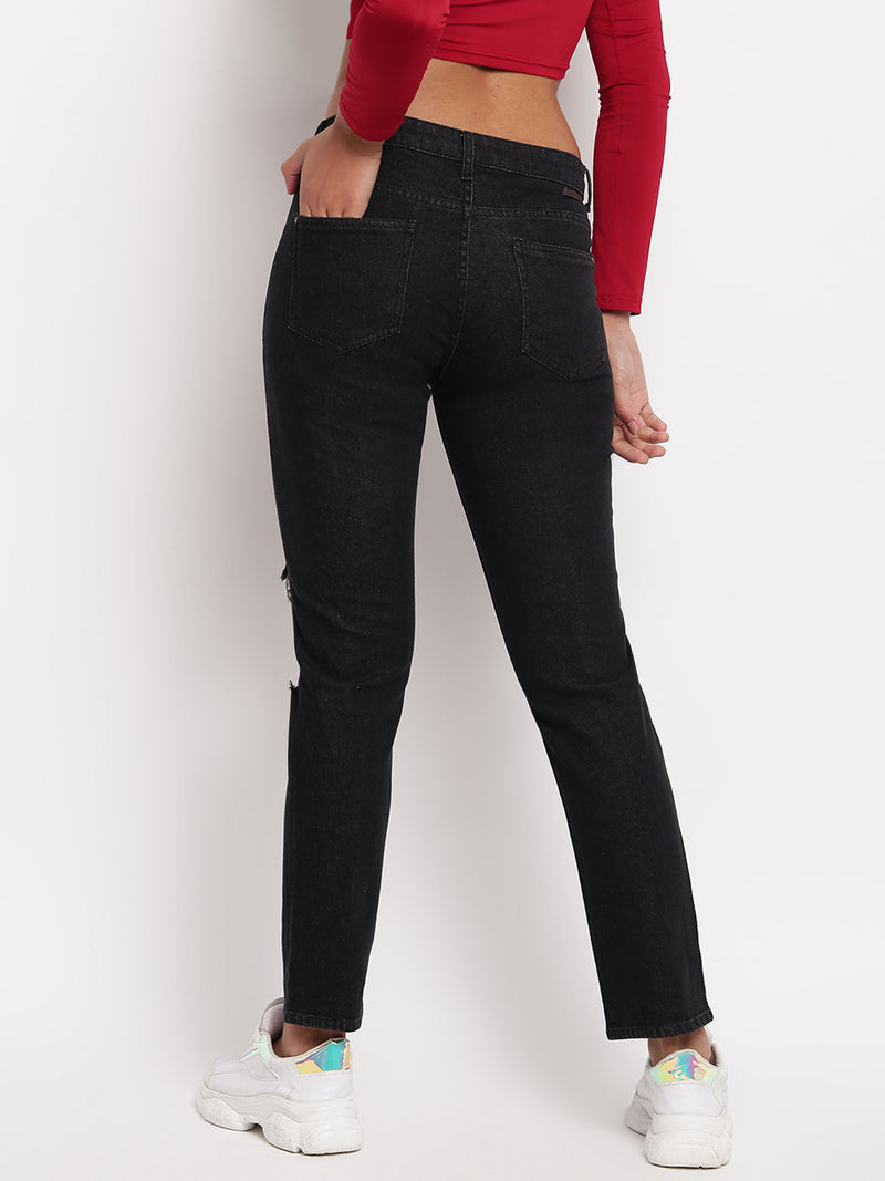 Women Black Mid Waist Distressed Denim Jeans