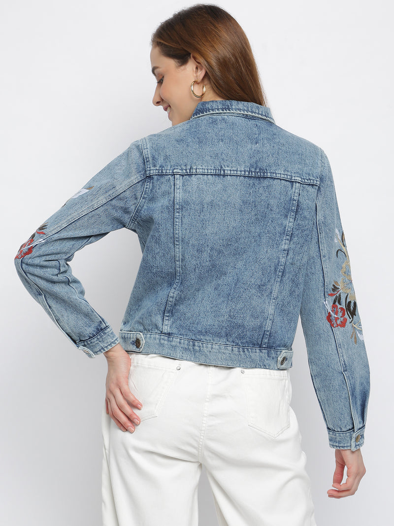 Women Mid-Blue Printed Denim Jacket