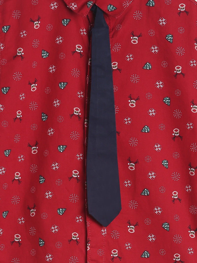 Boys Regular Fit Red Full Printed Cotton Shirt With Tie