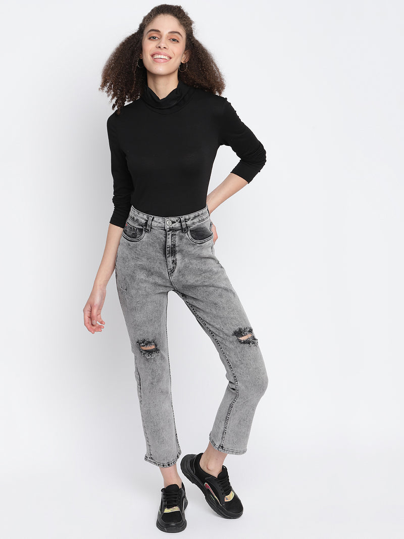 Women Slim Fit Grey Distressed Denim Jeans