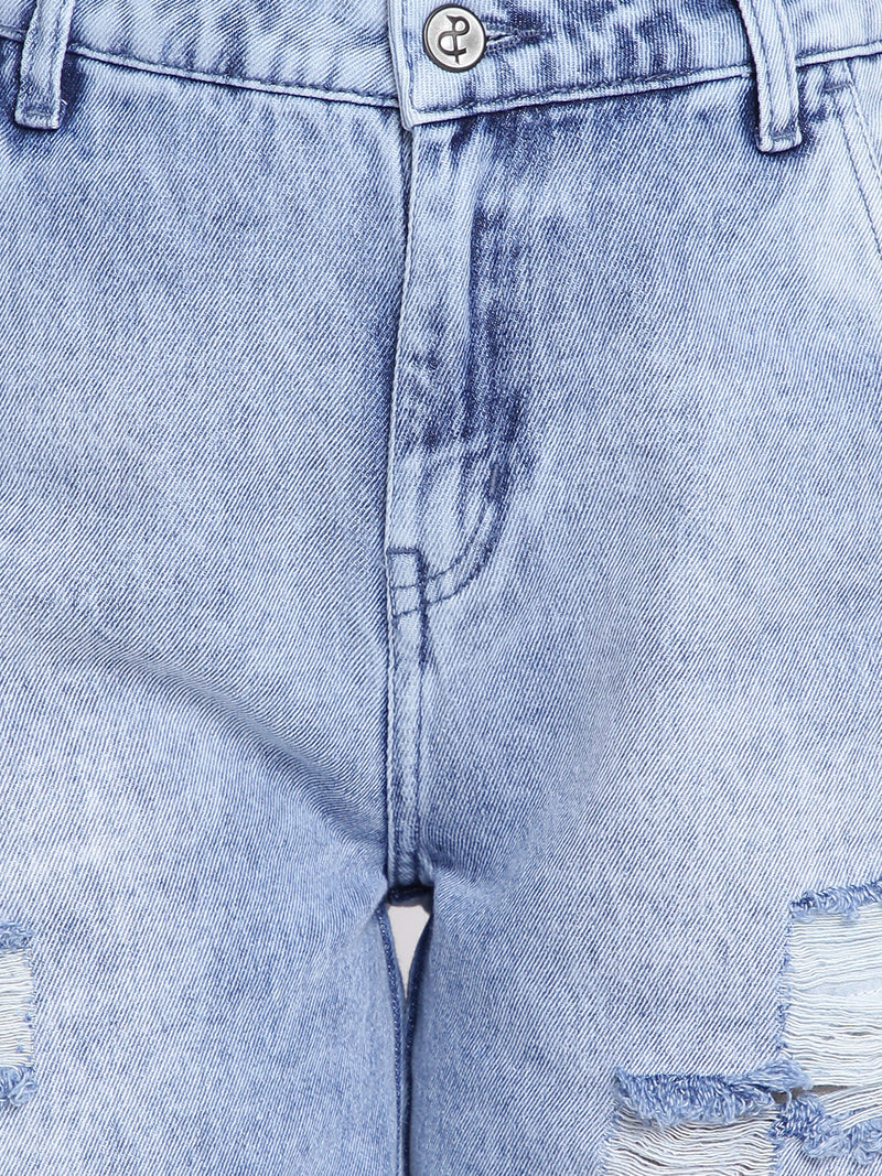 Women Light Blue Distressed Denim Shorts
